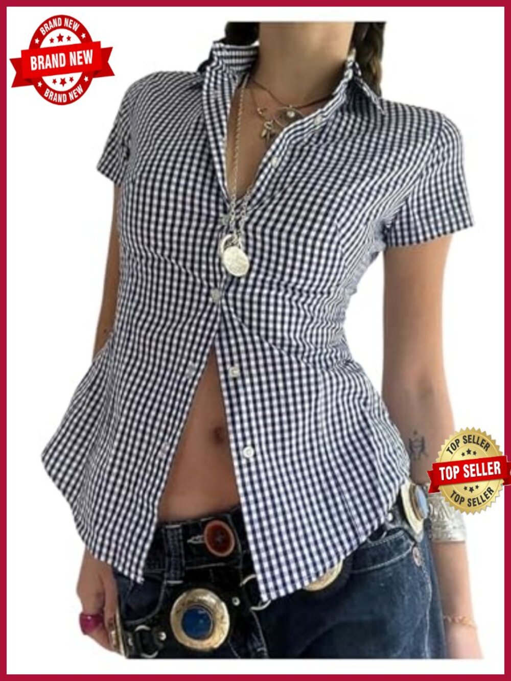 Women's Cute Summer Plaid Button Down Blouse Short Sleeve Collared Y2k Top